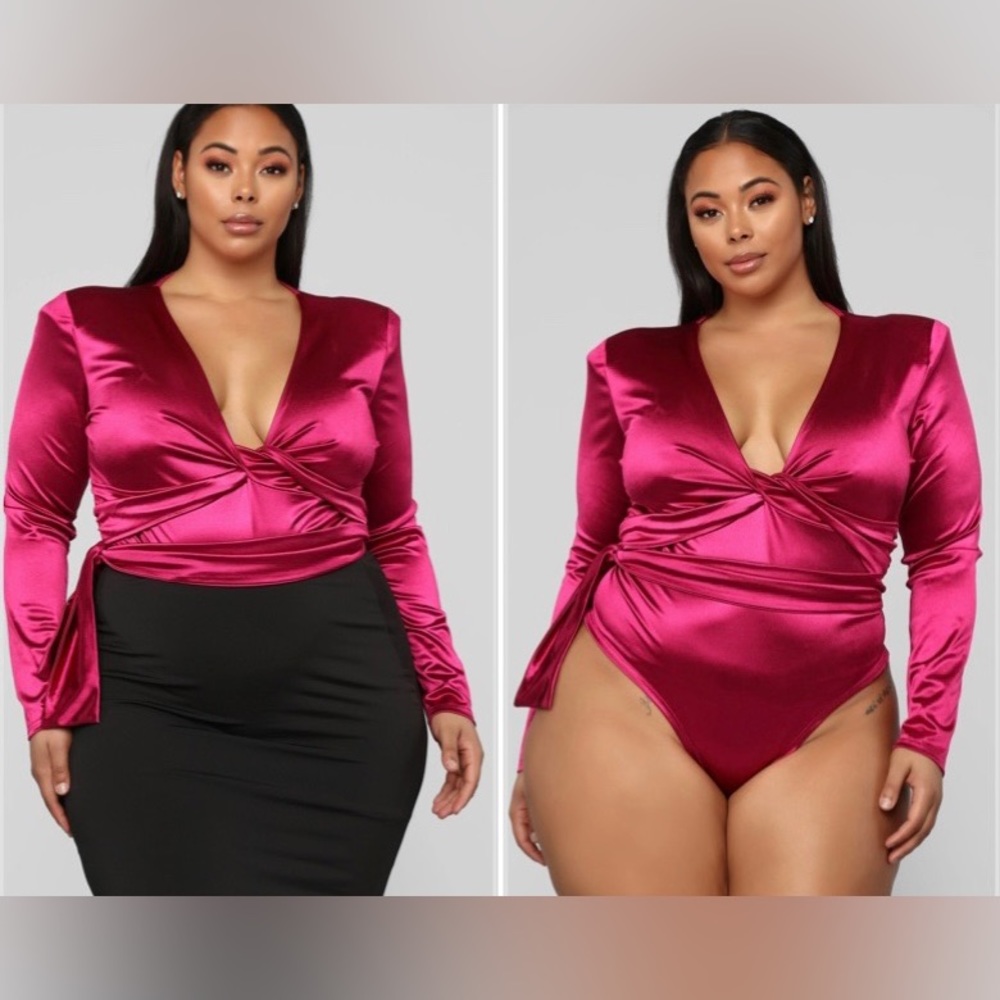 Fashion Nova Twenty Fun Satin Bodysuit Fuchsia